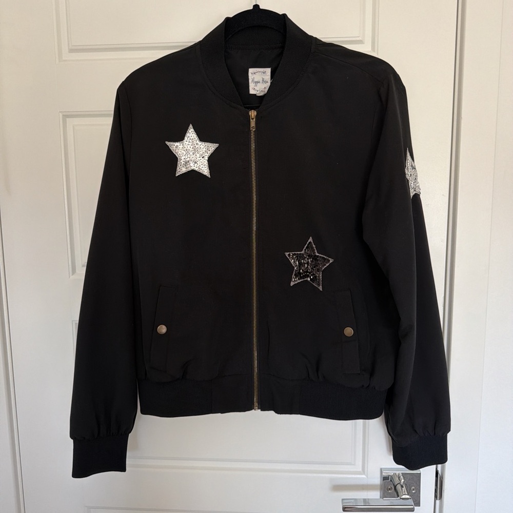 NWOT Women Black Bomber Jacket with Silver Star Patches